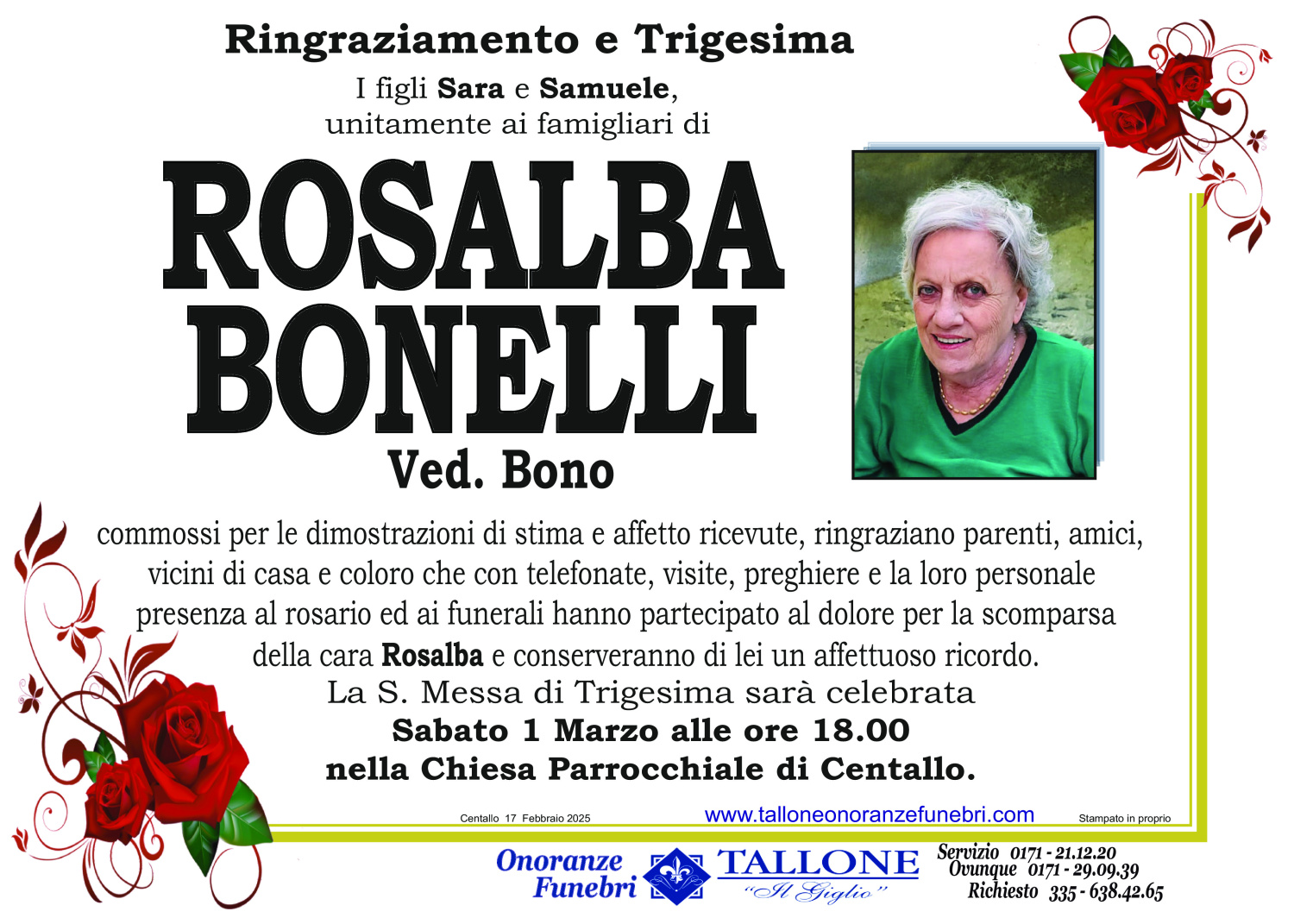 <br />
<b>Warning</b>:  Undefined variable $info in <b>/home/tallone/public_html/ringraziamenti.php</b> on line <b>68</b><br />
Rosalba Bonelli